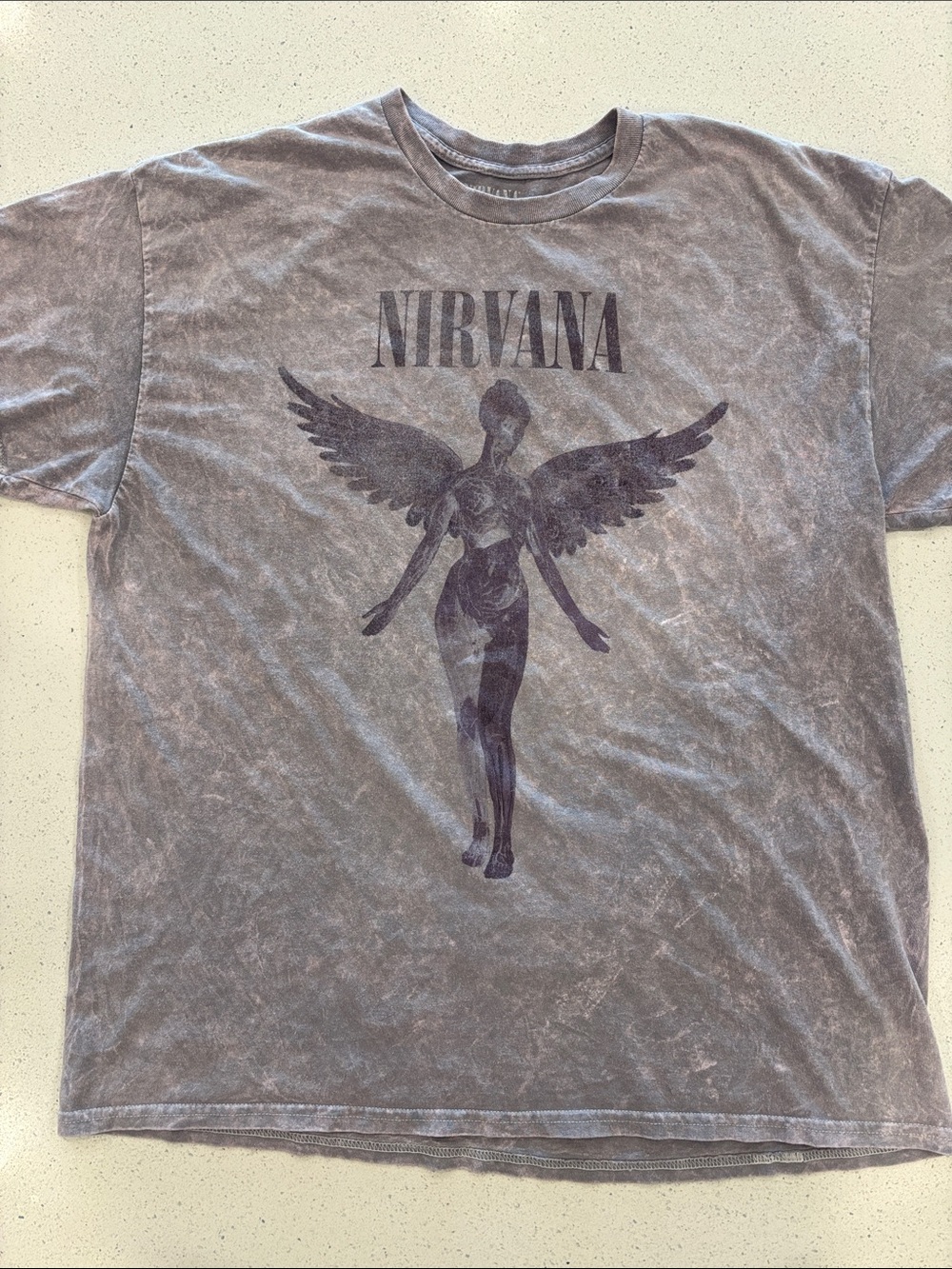 NIRVANA Men’s Gray Vintage-Wash Grunge In Utero Tour Angel Graphic Tee XL